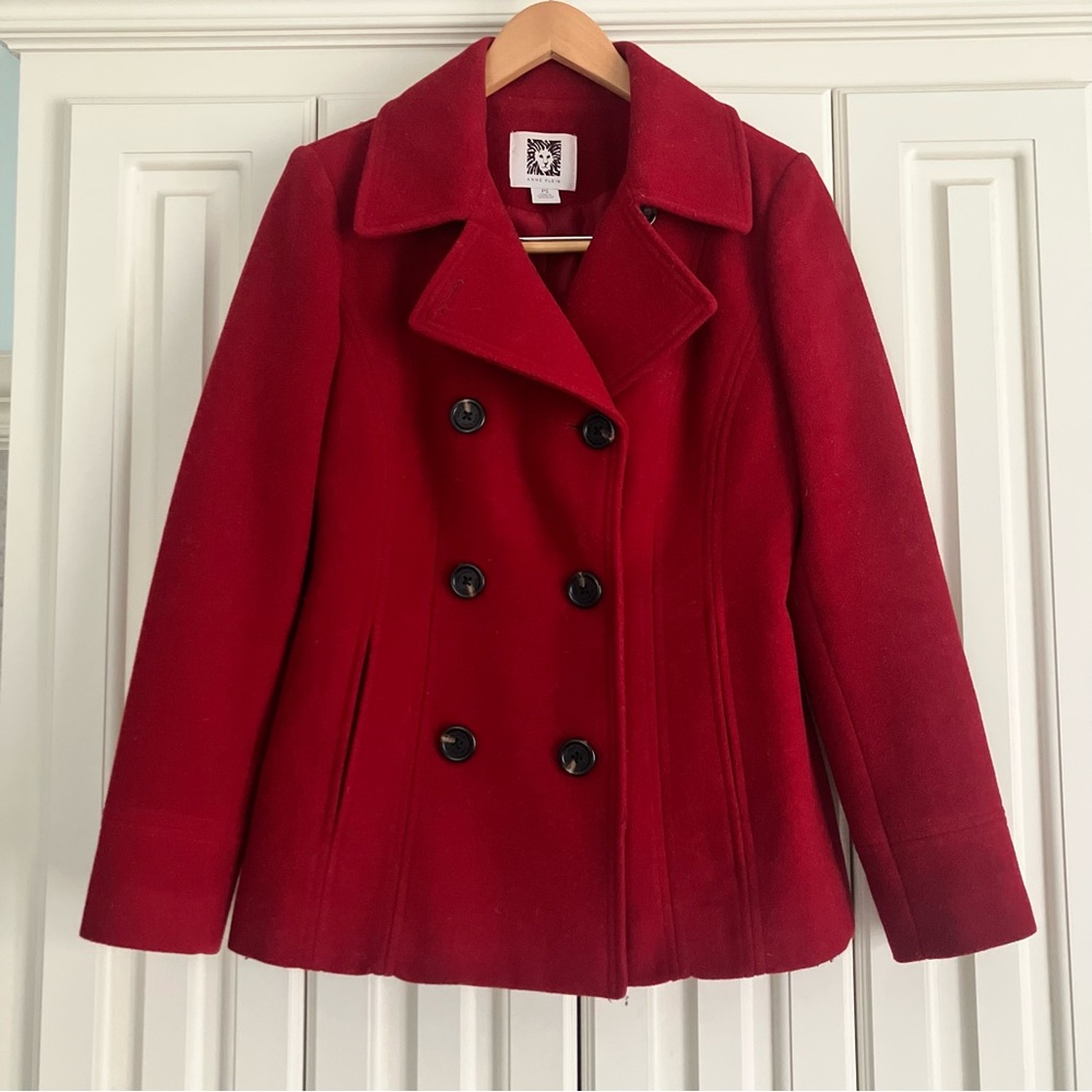Anne Klein Cherry Red Wool Blend‎ Short Double Breasted Pea Coat PS